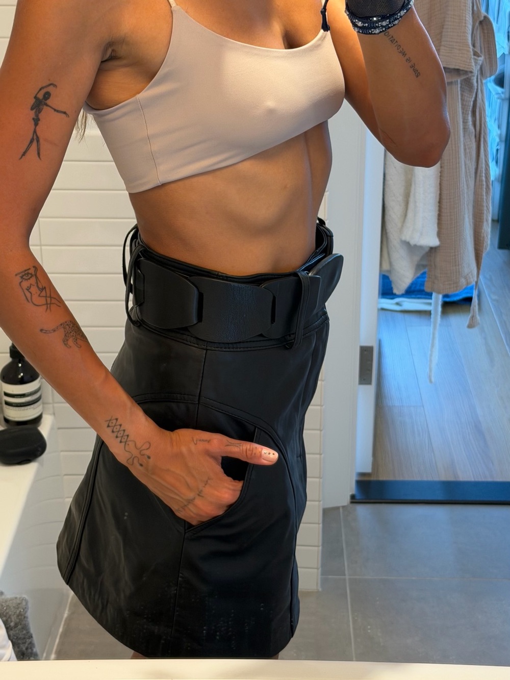 Sea New York Black Faux Leather High-Waist Skort with Statement Belt